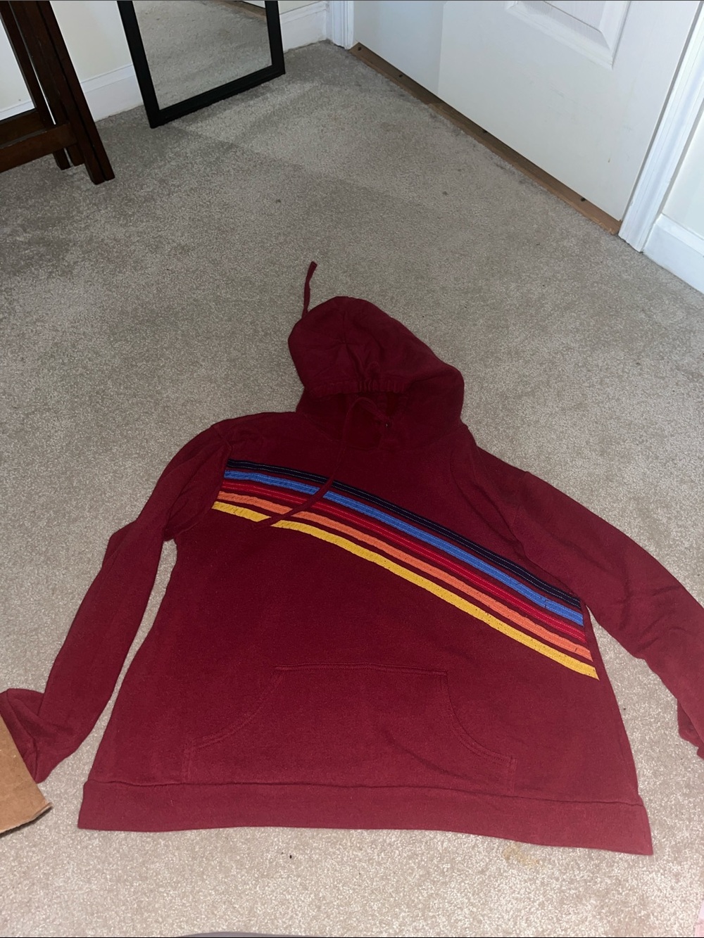 No Boundaries Burgundy Hooded Zip-Up with Multicolor Diagonal Stripes